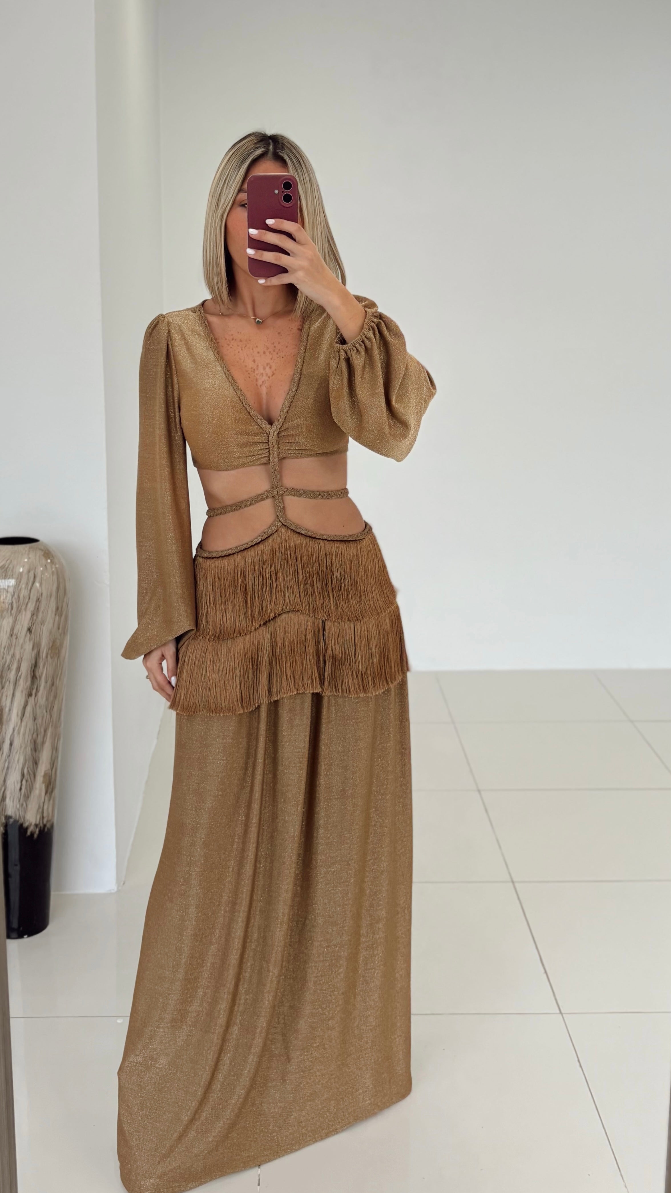 gold metallic fringe dress DIAMANTE