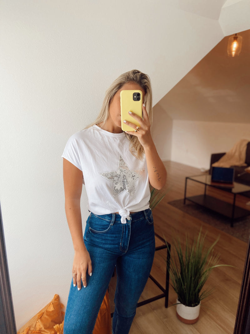 White Sequin Star Tee